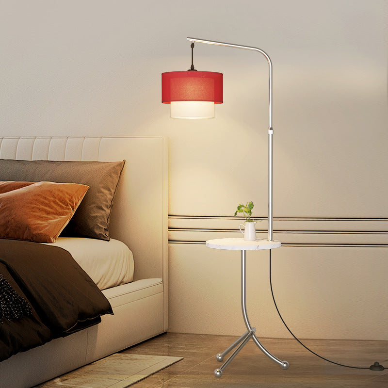 Lampe de sol contemporaine nordique avec base en fer, abat-jour en tissu rond en marbre, 1 lumière pour salon 