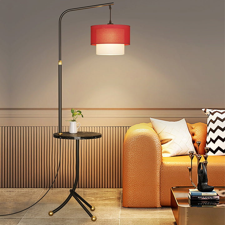 Lampe de sol contemporaine nordique avec base en fer, abat-jour en tissu rond en marbre, 1 lumière pour salon 
