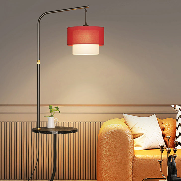 Lampe de sol contemporaine nordique avec base en fer, abat-jour en tissu rond en marbre, 1 lumière pour salon 