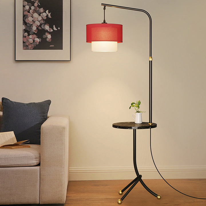 Lampe de sol contemporaine nordique avec base en fer, abat-jour en tissu rond en marbre, 1 lumière pour salon 