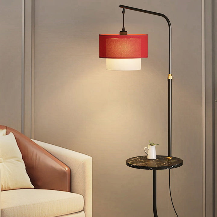 Lampe de sol contemporaine nordique avec base en fer, abat-jour en tissu rond en marbre, 1 lumière pour salon 
