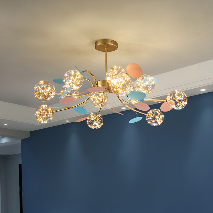 現代的な北欧ドーム ベビーズブレス オーブ 枝 曲線ロッド アイアン ガラス LED シャンデリア リビングルーム用 