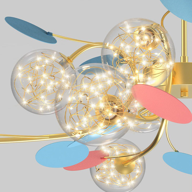 現代的な北欧ドーム ベビーズブレス オーブ 枝 曲線ロッド アイアン ガラス LED シャンデリア リビングルーム用 