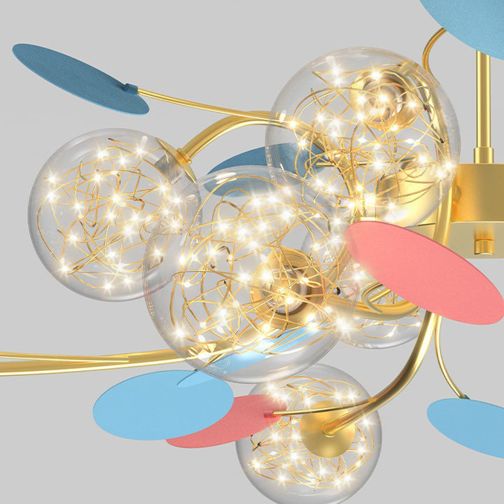 現代的な北欧ドーム ベビーズブレス オーブ 枝 曲線ロッド アイアン ガラス LED シャンデリア リビングルーム用 