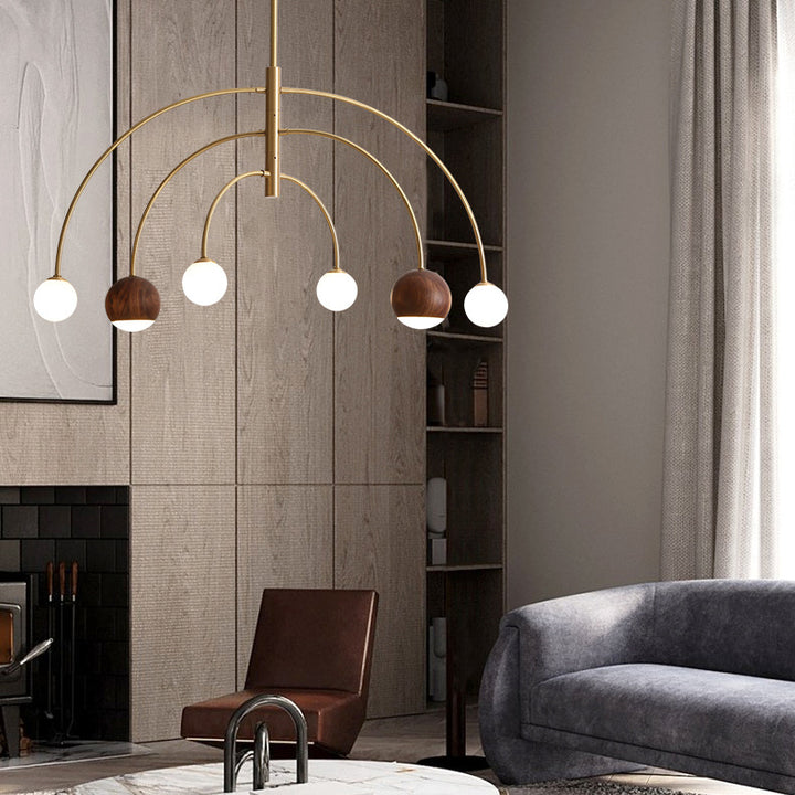 Dôme scandinave contemporain Arc semi-circulaire Orbes Noyer Frêne Cuivre Lustre à 6 lumières pour salle à manger 