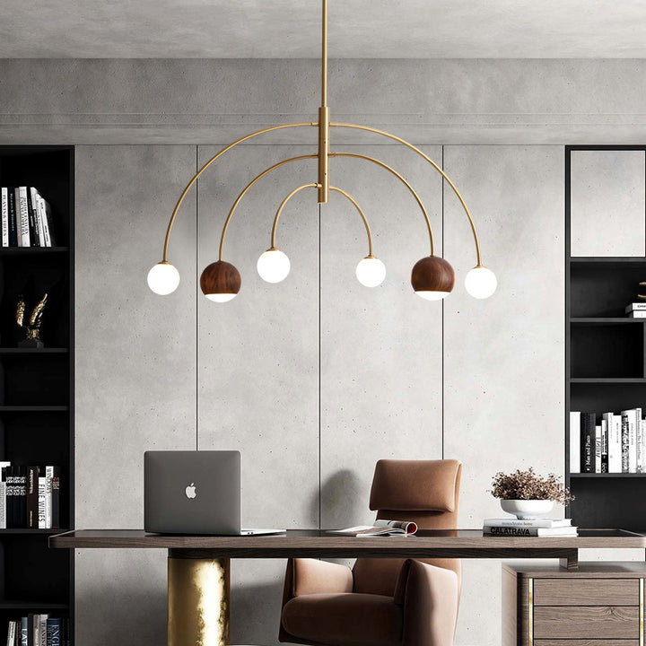 Dôme scandinave contemporain Arc semi-circulaire Orbes Noyer Frêne Cuivre Lustre à 6 lumières pour salle à manger 