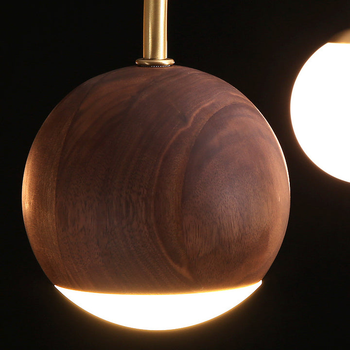 Dôme scandinave contemporain Arc semi-circulaire Orbes Noyer Frêne Cuivre Lustre à 6 lumières pour salle à manger 