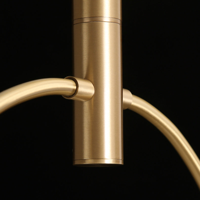 Dôme scandinave contemporain Arc semi-circulaire Orbes Noyer Frêne Cuivre Lustre à 6 lumières pour salle à manger 