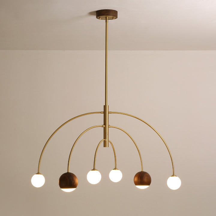 Dôme scandinave contemporain Arc semi-circulaire Orbes Noyer Frêne Cuivre Lustre à 6 lumières pour salle à manger 