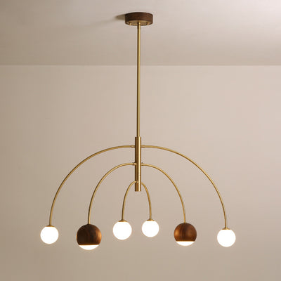 Contemporary Scandinavian Dome Semicircular Arc Orbs Walnut Ash Copper 6 - Light Chandelier For Dining Room