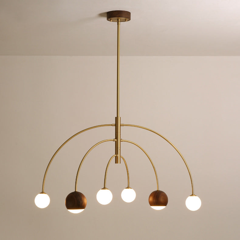 Contemporary Scandinavian Dome Semicircular Arc Orbs Walnut Ash Copper 6 - Light Chandelier For Dining Room