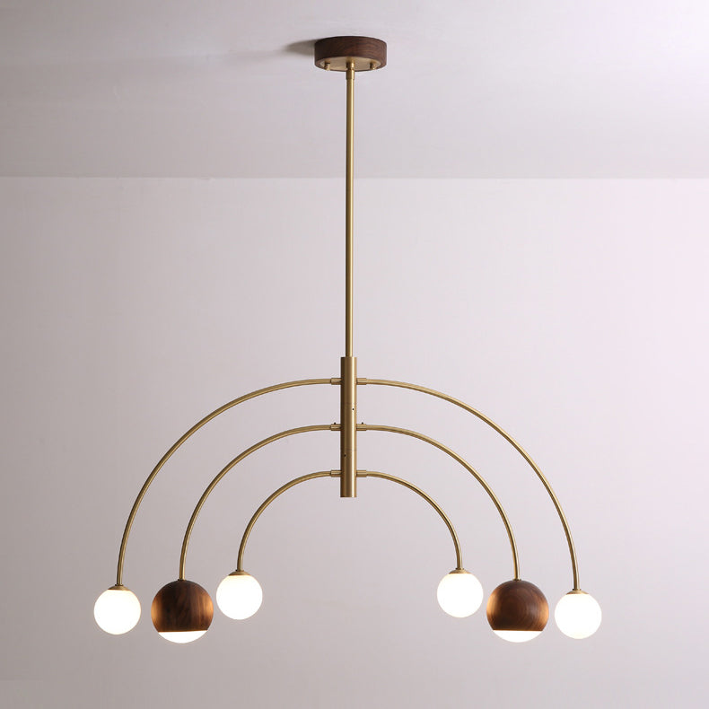 Dôme scandinave contemporain Arc semi-circulaire Orbes Noyer Frêne Cuivre Lustre à 6 lumières pour salle à manger 