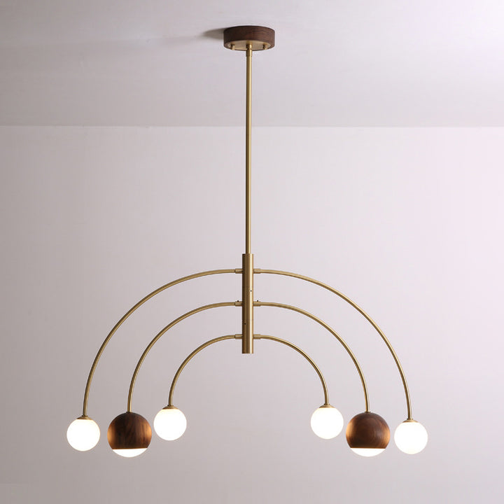 Dôme scandinave contemporain Arc semi-circulaire Orbes Noyer Frêne Cuivre Lustre à 6 lumières pour salle à manger 
