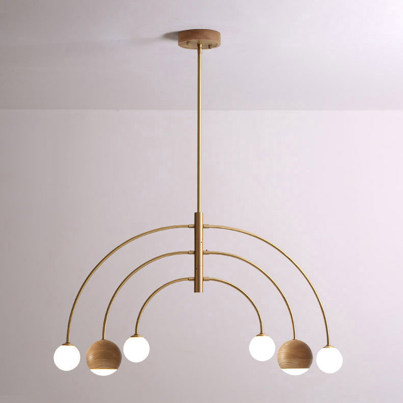 Dôme scandinave contemporain Arc semi-circulaire Orbes Noyer Frêne Cuivre Lustre à 6 lumières pour salle à manger 