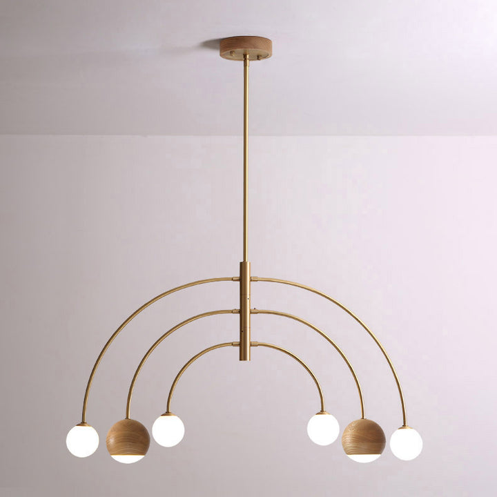 Dôme scandinave contemporain Arc semi-circulaire Orbes Noyer Frêne Cuivre Lustre à 6 lumières pour salle à manger 
