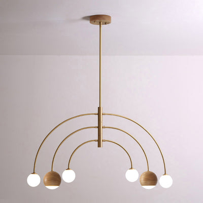 Contemporary Scandinavian Dome Semicircular Arc Orbs Walnut Ash Copper 6 - Light Chandelier For Dining Room
