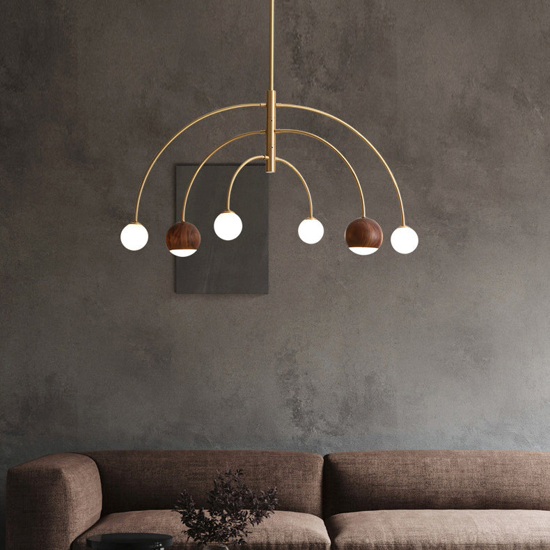 Dôme scandinave contemporain Arc semi-circulaire Orbes Noyer Frêne Cuivre Lustre à 6 lumières pour salle à manger 