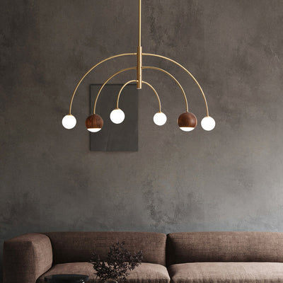 Contemporary Scandinavian Dome Semicircular Arc Orbs Walnut Ash Copper 6 - Light Chandelier For Dining Room