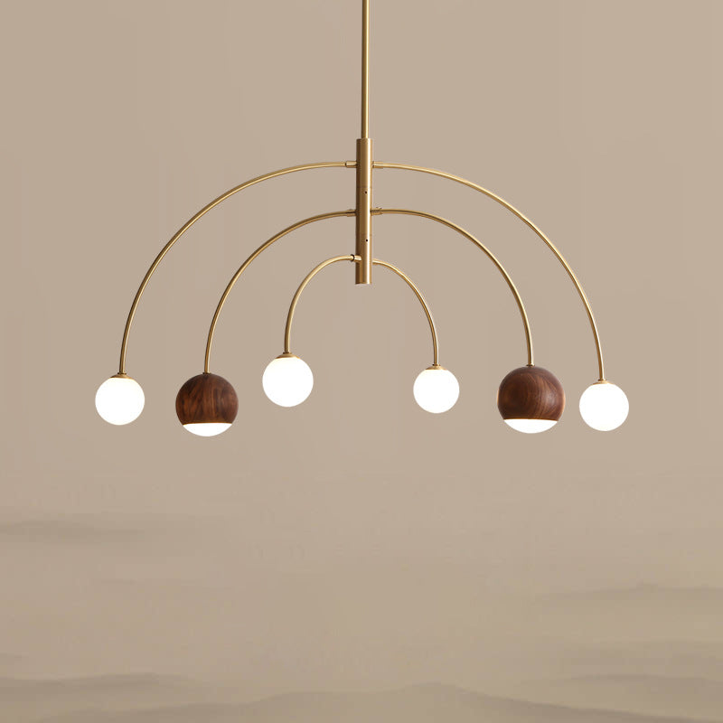 Dôme scandinave contemporain Arc semi-circulaire Orbes Noyer Frêne Cuivre Lustre à 6 lumières pour salle à manger 