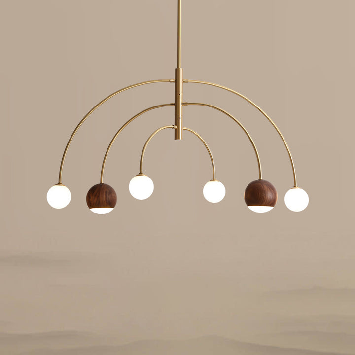 Dôme scandinave contemporain Arc semi-circulaire Orbes Noyer Frêne Cuivre Lustre à 6 lumières pour salle à manger 