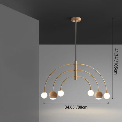 Contemporary Scandinavian Dome Semicircular Arc Orbs Walnut Ash Copper 6 - Light Chandelier For Dining Room