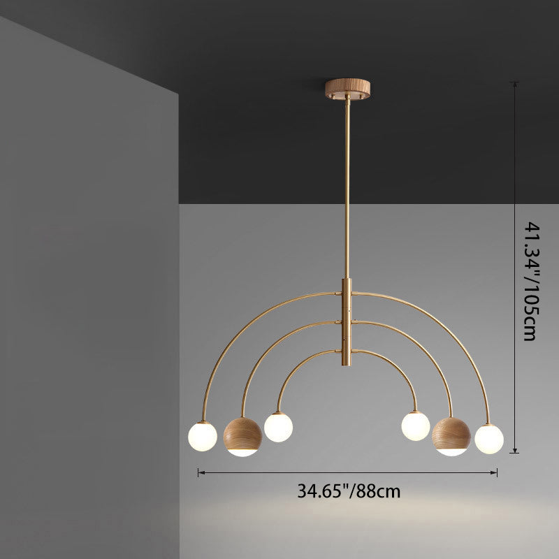 Contemporary Scandinavian Dome Semicircular Arc Orbs Walnut Ash Copper 6 - Light Chandelier For Dining Room