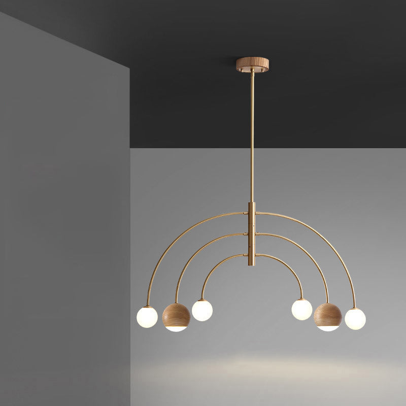 Dôme scandinave contemporain Arc semi-circulaire Orbes Noyer Frêne Cuivre Lustre à 6 lumières pour salle à manger 
