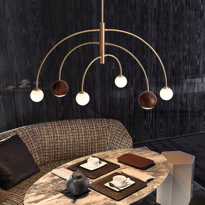Dôme scandinave contemporain Arc semi-circulaire Orbes Noyer Frêne Cuivre Lustre à 6 lumières pour salle à manger 