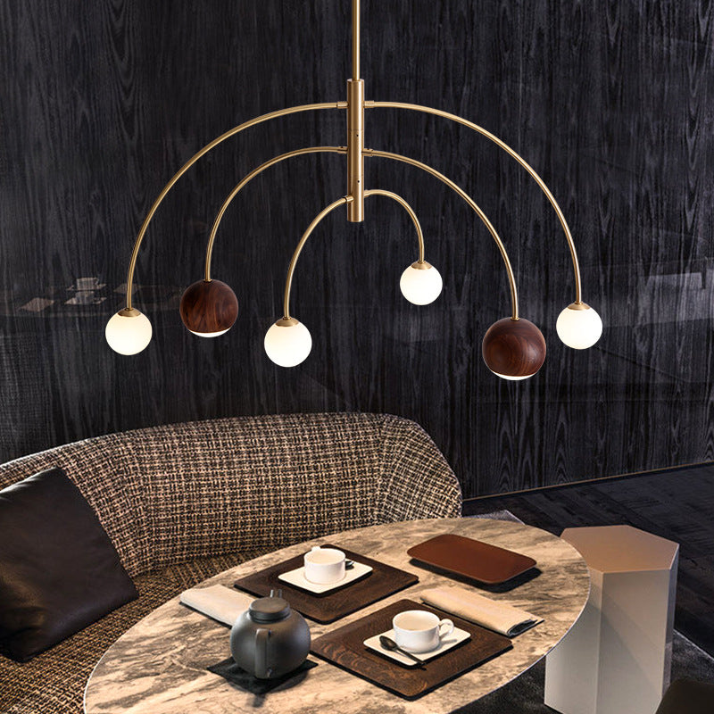 Contemporary Scandinavian Dome Semicircular Arc Orbs Walnut Ash Copper 6 - Light Chandelier For Dining Room