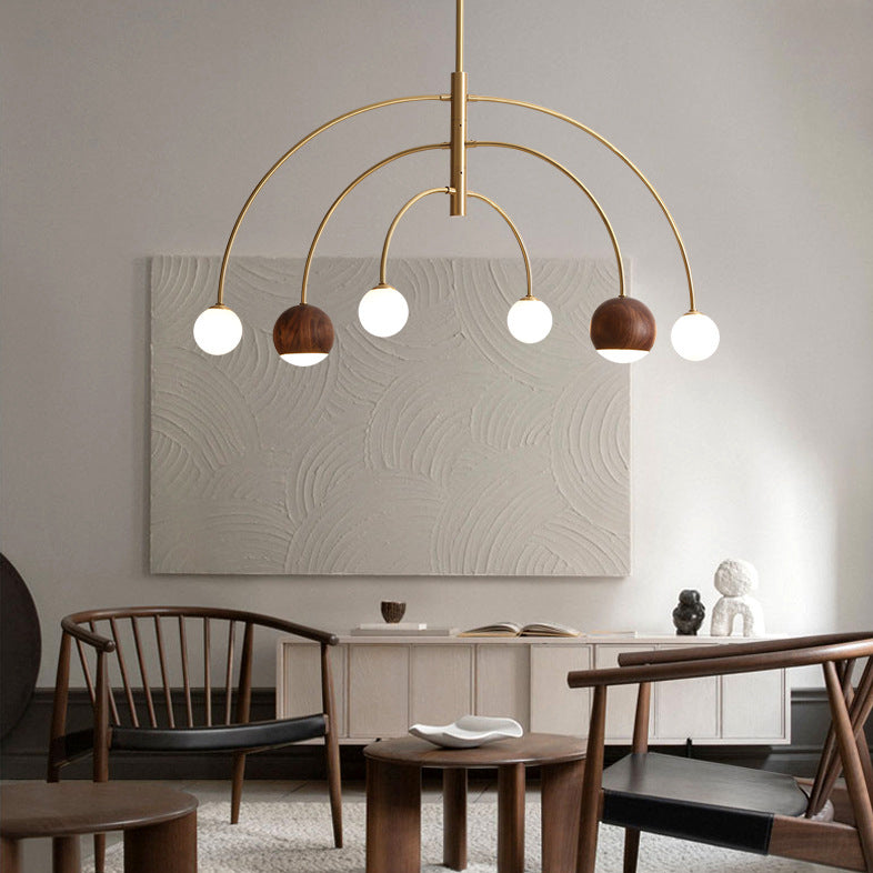Contemporary Scandinavian Dome Semicircular Arc Orbs Walnut Ash Copper 6 - Light Chandelier For Dining Room
