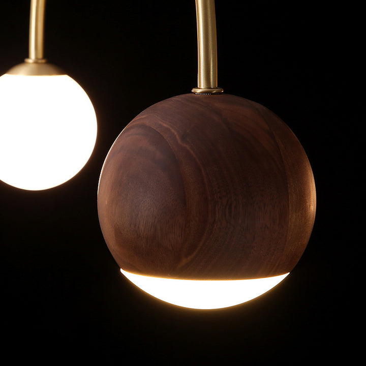 Dôme scandinave contemporain Arc semi-circulaire Orbes Noyer Frêne Cuivre Lustre à 6 lumières pour salle à manger 