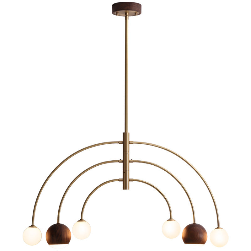 Dôme scandinave contemporain Arc semi-circulaire Orbes Noyer Frêne Cuivre Lustre à 6 lumières pour salle à manger 