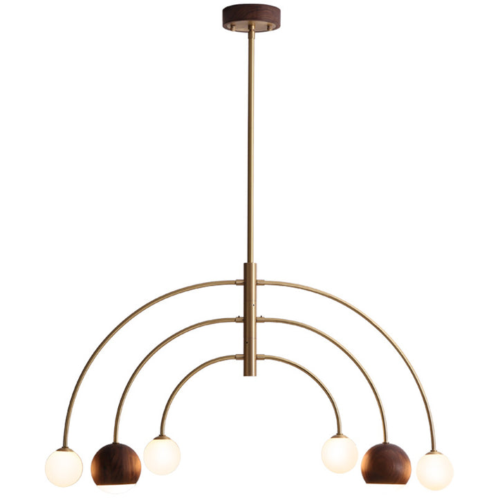 Dôme scandinave contemporain Arc semi-circulaire Orbes Noyer Frêne Cuivre Lustre à 6 lumières pour salle à manger 