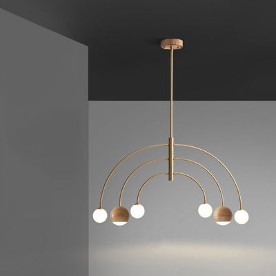 Contemporary Scandinavian Dome Semicircular Arc Orbs Walnut Ash Copper 6 - Light Chandelier For Dining Room
