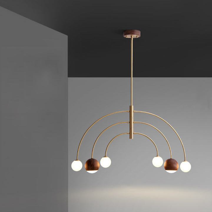 Dôme scandinave contemporain Arc semi-circulaire Orbes Noyer Frêne Cuivre Lustre à 6 lumières pour salle à manger 
