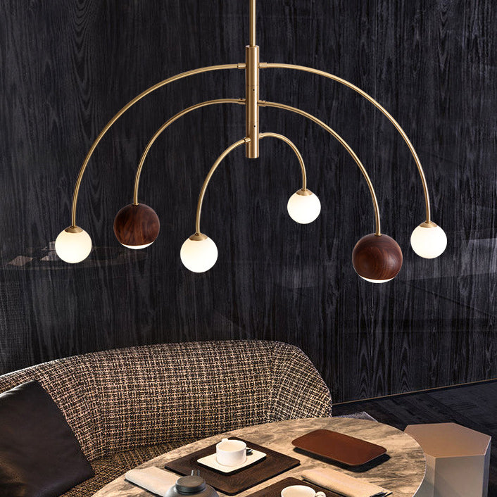 Dôme scandinave contemporain Arc semi-circulaire Orbes Noyer Frêne Cuivre Lustre à 6 lumières pour salle à manger 
