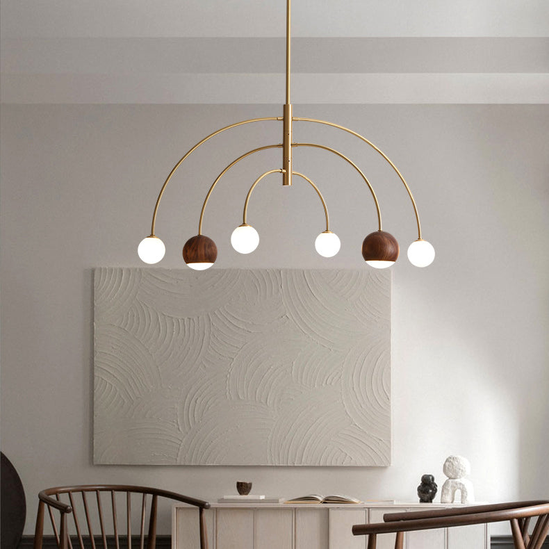 Dôme scandinave contemporain Arc semi-circulaire Orbes Noyer Frêne Cuivre Lustre à 6 lumières pour salle à manger 
