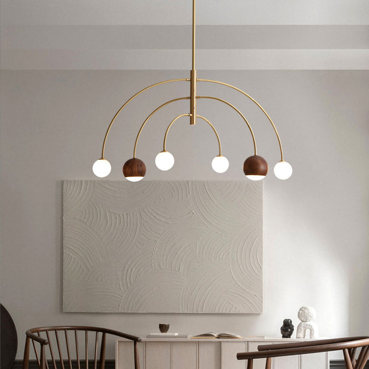 Contemporary Scandinavian Dome Semicircular Arc Orbs Walnut Ash Copper 6 - Light Chandelier For Dining Room
