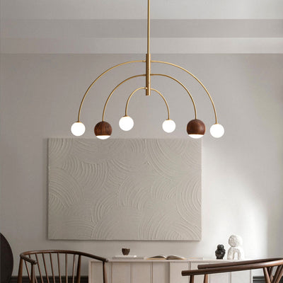 Contemporary Scandinavian Dome Semicircular Arc Orbs Walnut Ash Copper 6 - Light Chandelier For Dining Room