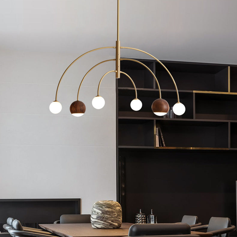 Contemporary Scandinavian Dome Semicircular Arc Orbs Walnut Ash Copper 6 - Light Chandelier For Dining Room