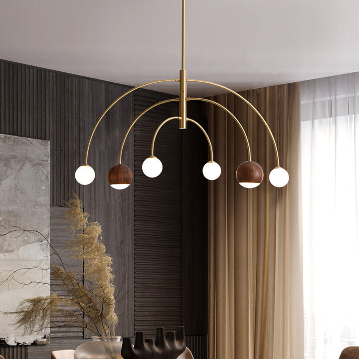 Dôme scandinave contemporain Arc semi-circulaire Orbes Noyer Frêne Cuivre Lustre à 6 lumières pour salle à manger 