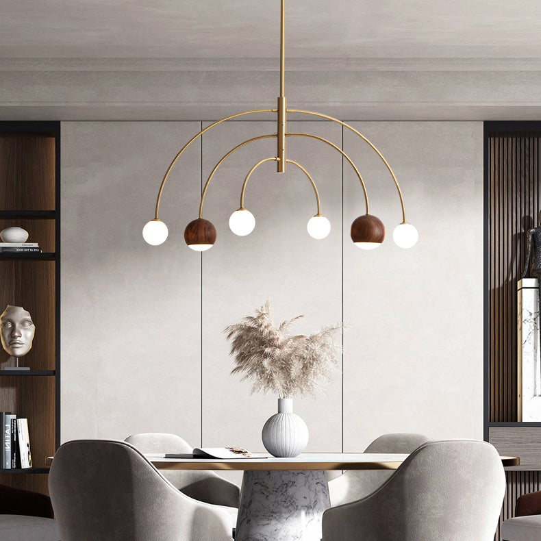Dôme scandinave contemporain Arc semi-circulaire Orbes Noyer Frêne Cuivre Lustre à 6 lumières pour salle à manger 