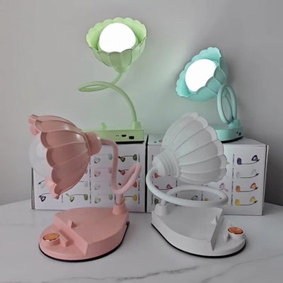 مصباح طاولة LED بقاعدة مستديرة ومظلة زهور ABS قابلة للالتواء بتصميم نوردي معاصر لغرفة النوم 