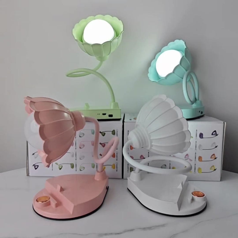 مصباح طاولة LED بقاعدة مستديرة ومظلة زهور ABS قابلة للالتواء بتصميم نوردي معاصر لغرفة النوم 