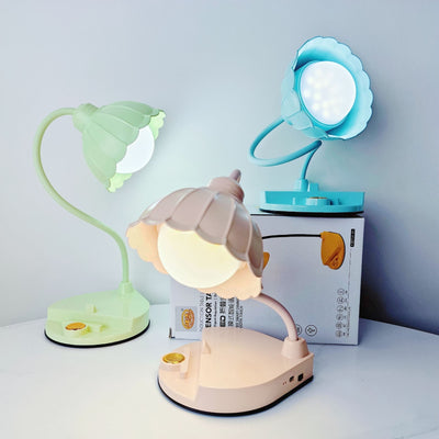 مصباح طاولة LED بقاعدة مستديرة ومظلة زهور ABS قابلة للالتواء بتصميم نوردي معاصر لغرفة النوم 