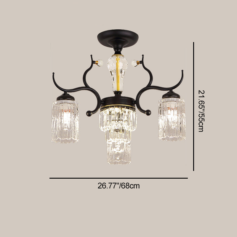 Contemporary Nordic Dome Branch Curved Rod Cylinder Glass Lampshade Iron Crystal 3/6/8/10-Light Chandelier For Living Room
