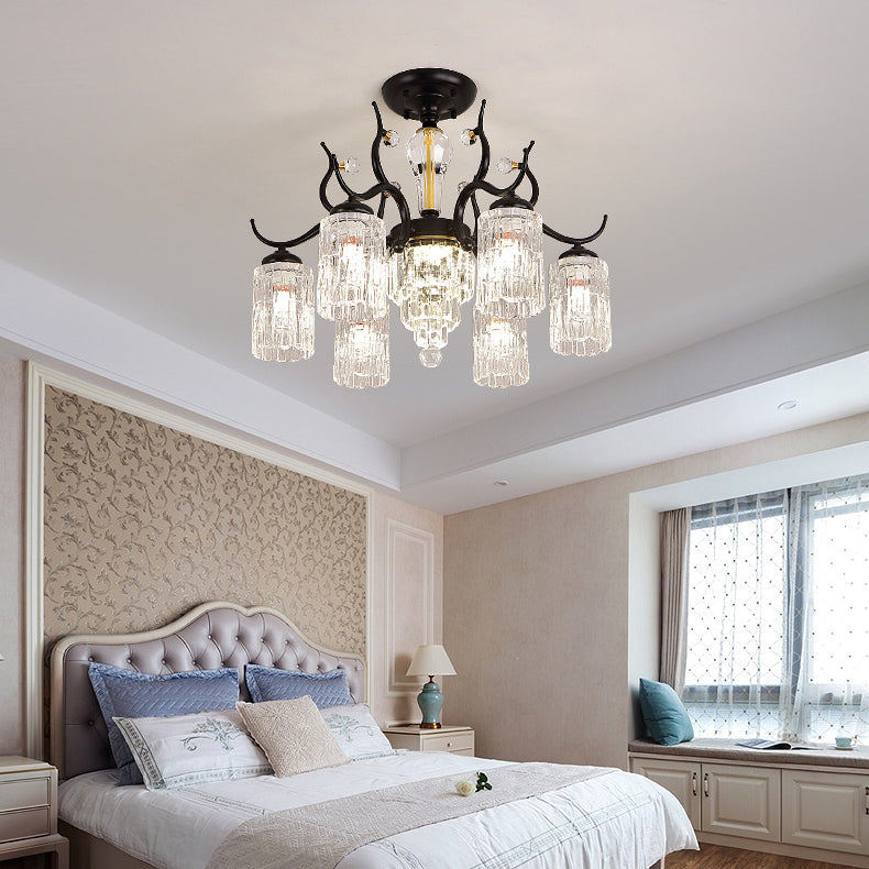 Contemporary Nordic Dome Branch Curved Rod Cylinder Glass Lampshade Iron Crystal 3/6/8/10-Light Chandelier For Living Room