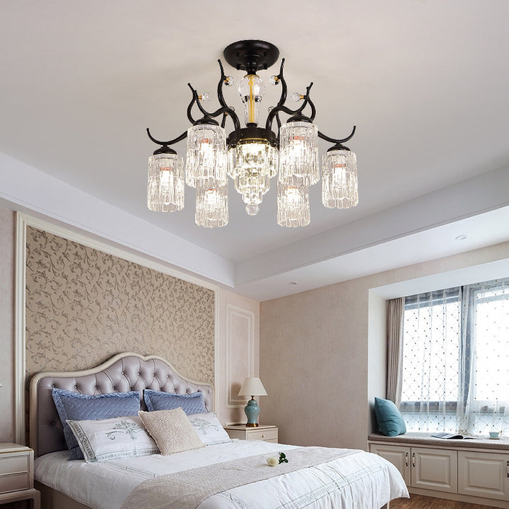 Contemporary Nordic Dome Branch Curved Rod Cylinder Glass Lampshade Iron Crystal 3/6/8/10-Light Chandelier For Living Room