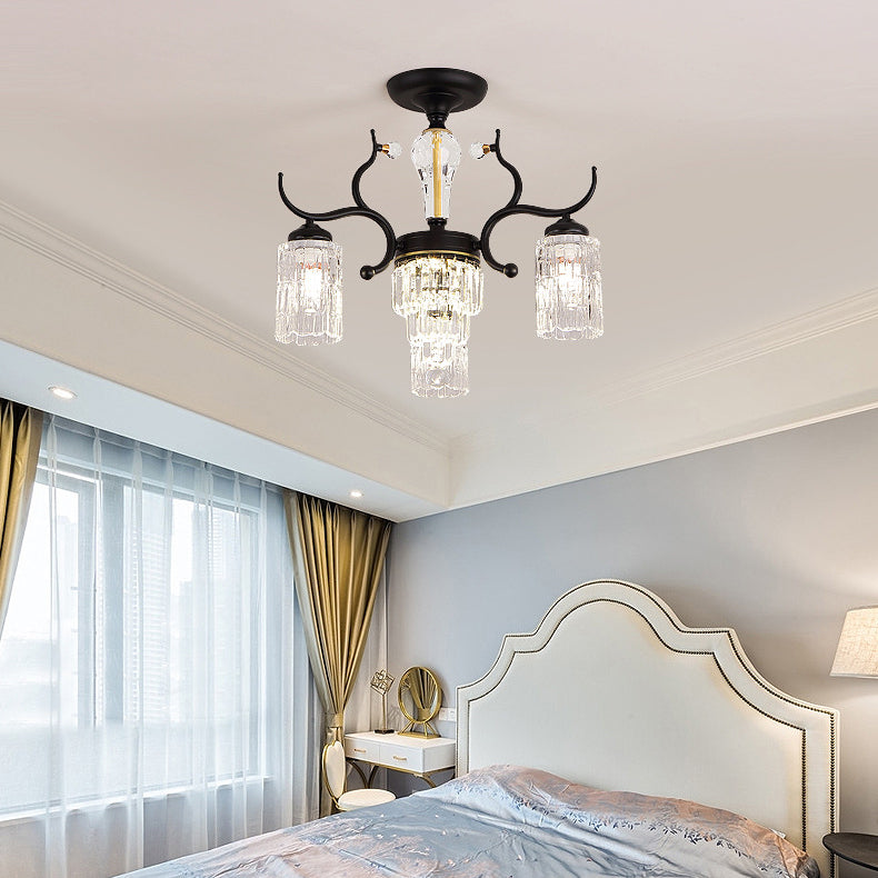 Contemporary Nordic Dome Branch Curved Rod Cylinder Glass Lampshade Iron Crystal 3/6/8/10-Light Chandelier For Living Room