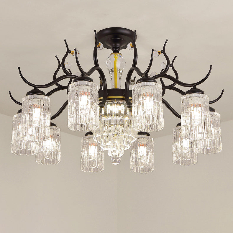 Contemporary Nordic Dome Branch Curved Rod Cylinder Glass Lampshade Iron Crystal 3/6/8/10-Light Chandelier For Living Room